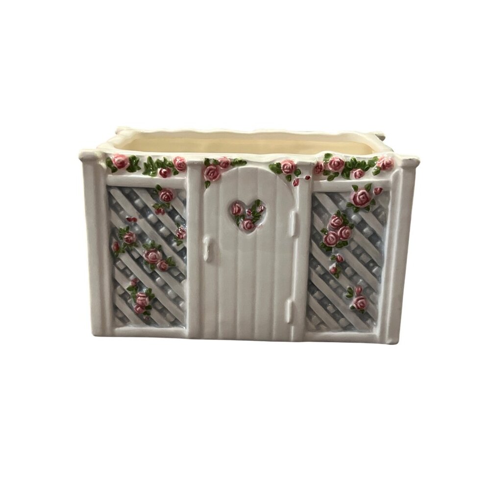 Vintage LBK Roses on Lattice Planter Used Shabby Cottage